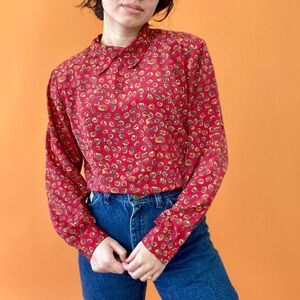 Vintage Maroon Floral Blouse Sz M Sz 12
